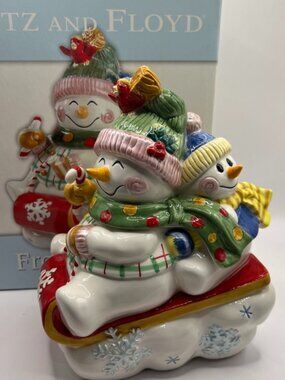 NEW 2005 Fitz & Floyd Frosty Friends Candy Dish Lid Trinket Box Snowman On Sled
